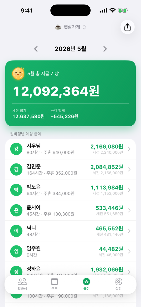 아이폰 급여 화면 — 알바생별 예상 지급액